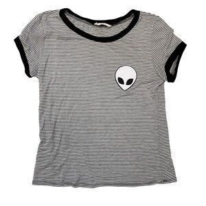 French Pastry Striped Alien Ringer Tee Sz Med Black White